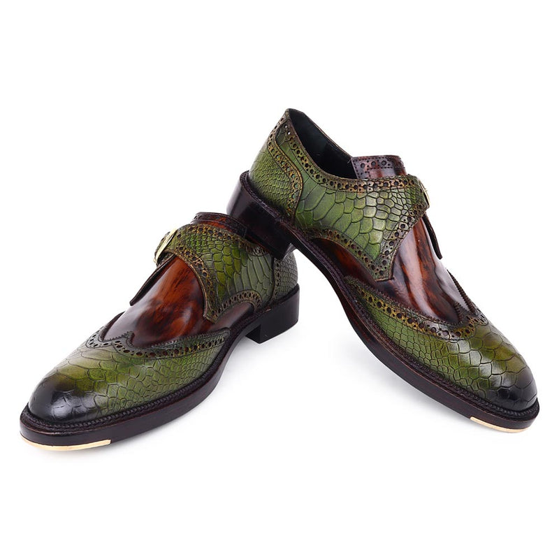 Green Python Print + Brushed Tan Single Monktrap With Metal Toe Plate