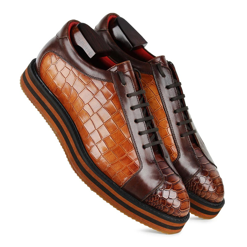 Tan Croco + Python Mirror Glossed Patina Platform Sneakers
