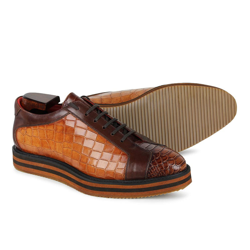 Tan Croco + Python Mirror Glossed Patina Platform Sneakers