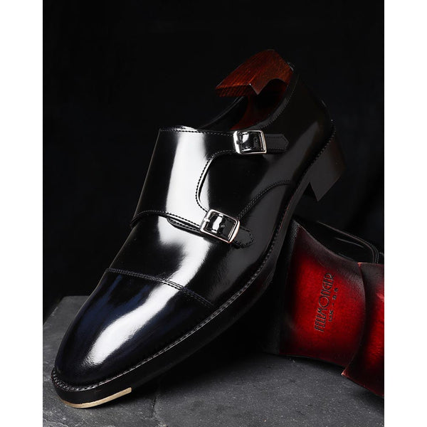 Black Brushed Double Monks with Blue Brushed Captoe + Metal Toe Plate