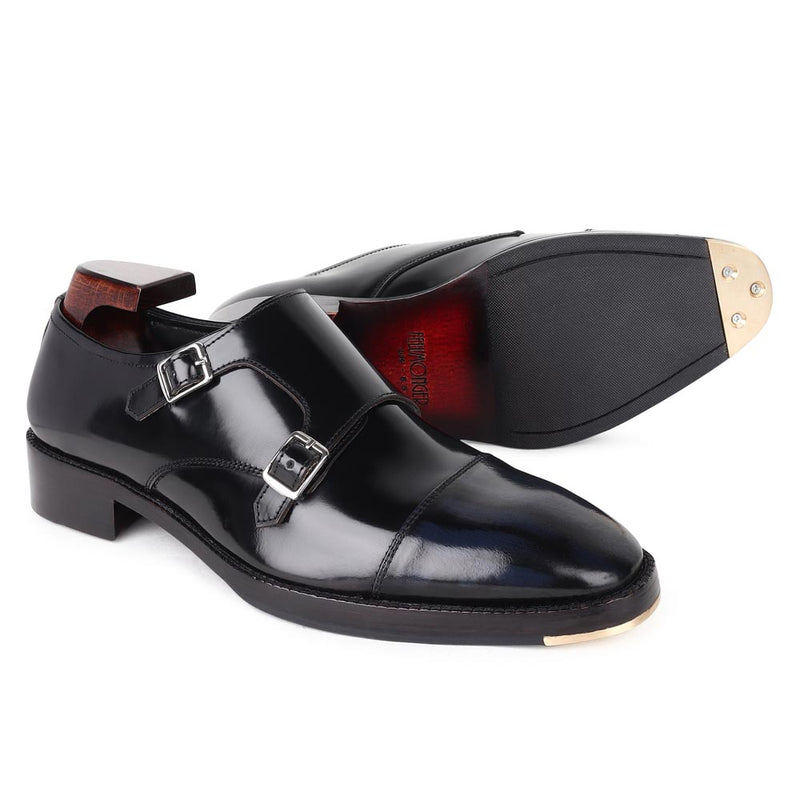 Black Brushed Double Monks with Blue Brushed Captoe + Metal Toe Plate