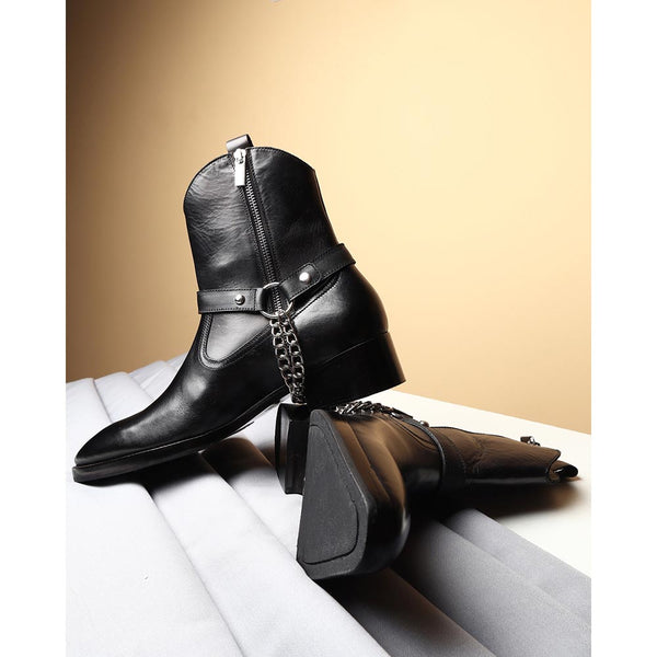 Black Mirror Glossed New Age Chain Boots with Zip