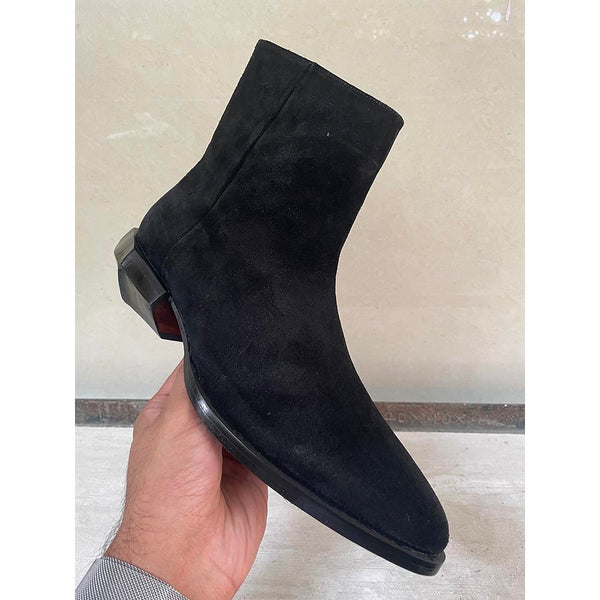 Black Suede Pointed Boots + Geometric Heel