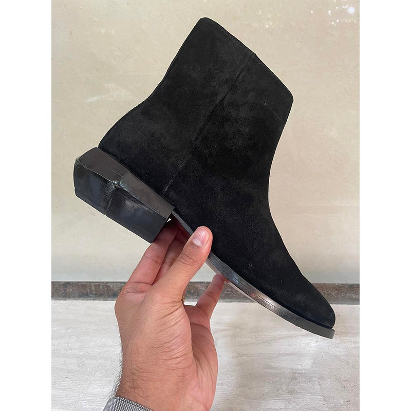 Black Suede Pointed Boots + Geometric Heel