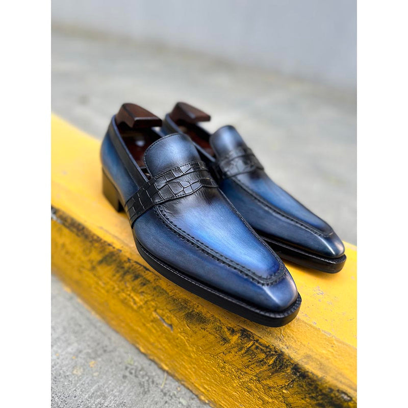 Blue Mirror Glossed Washed Patina Square Toe Penny Croco Saddle Loafers