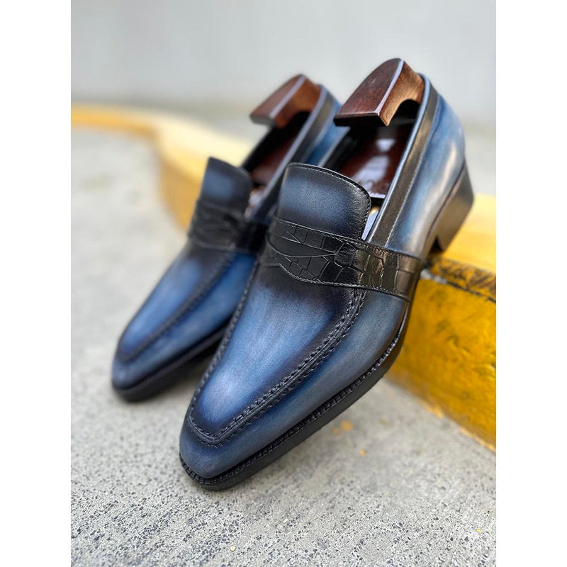 Blue Mirror Glossed Washed Patina Square Toe Penny Croco Saddle Loafers