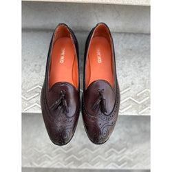 Brown Mirror Glossed Hatch Grain Short Tounge Tassel Loafer with Metal Toe