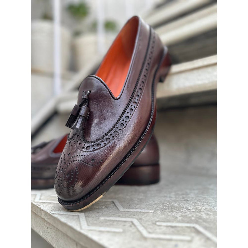 Brown Mirror Glossed Hatch Grain Short Tounge Tassel Loafer with Metal Toe