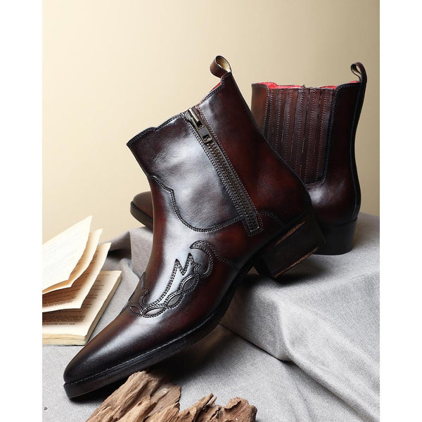 Brown Western Zip Cowboy Boots with Cuban heels