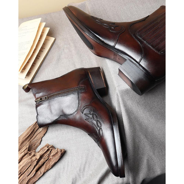 Brown Western Zip Cowboy Boots with Cuban heels
