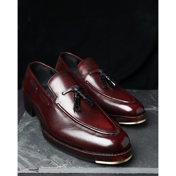 Burgundy Mirror Glossed Classic Loafers with Black Leather Tassels + Metal Toe Plate