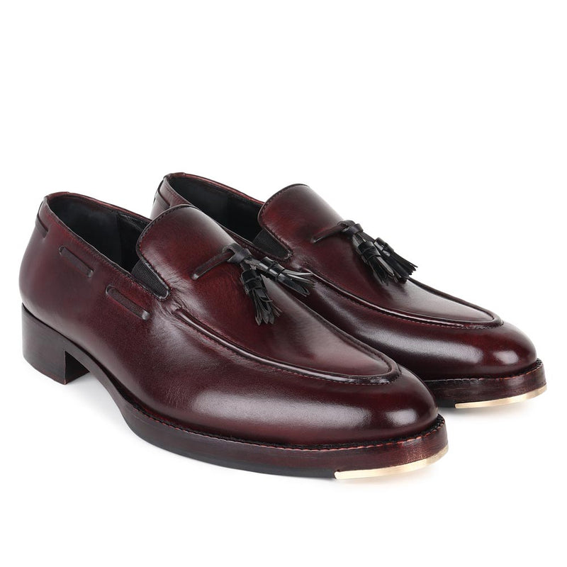 Burgundy Mirror Glossed Classic Loafers with Black Leather Tassels + Metal Toe Plate