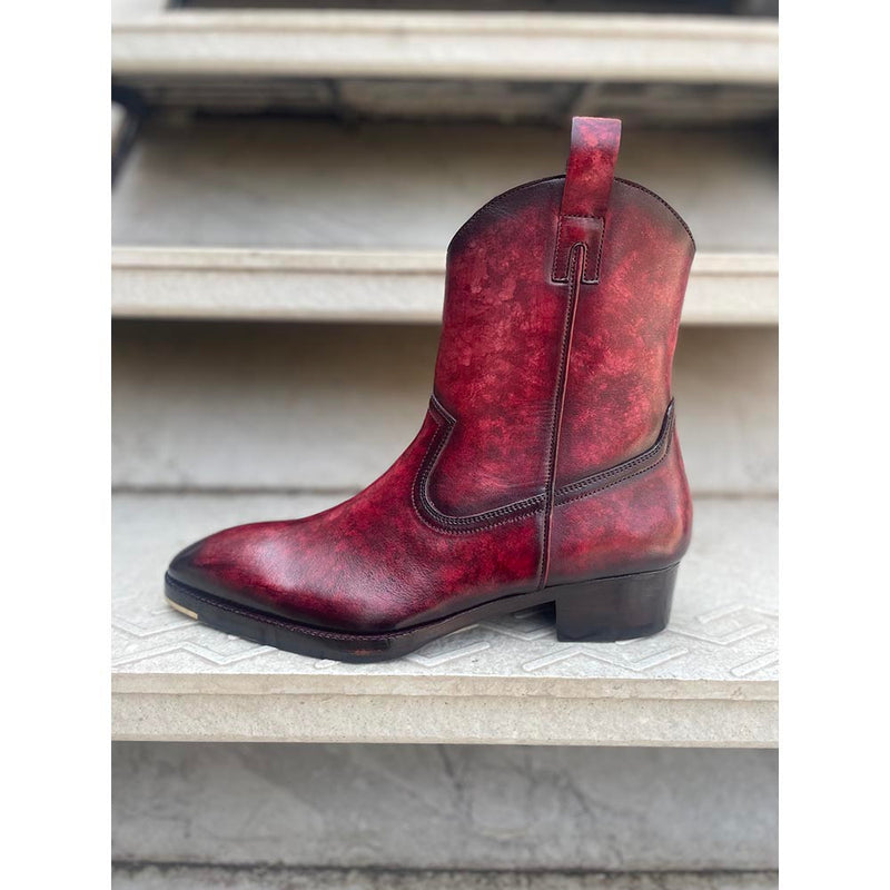Burgundy Mirror Glossed Marble Patina Classic Long Cowboy boots + Metal Toe