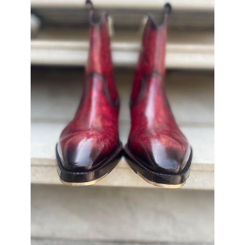 Burgundy Mirror Glossed Marble Patina Classic Long Cowboy boots + Metal Toe