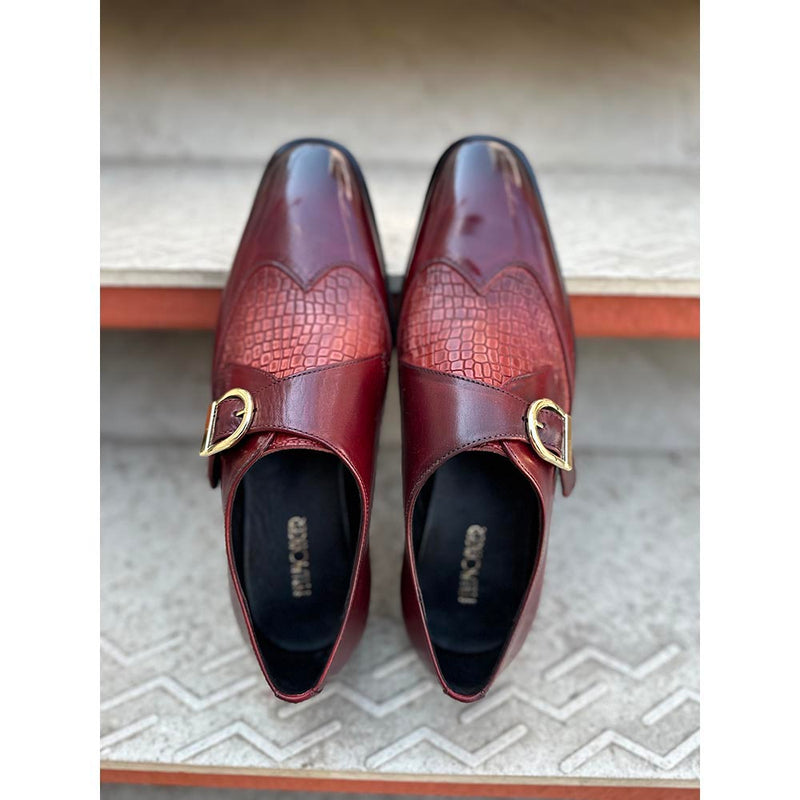 Burgundy Mirror Glossed Patina Croco Detail Single Monk + Extralight Tooth Sole
