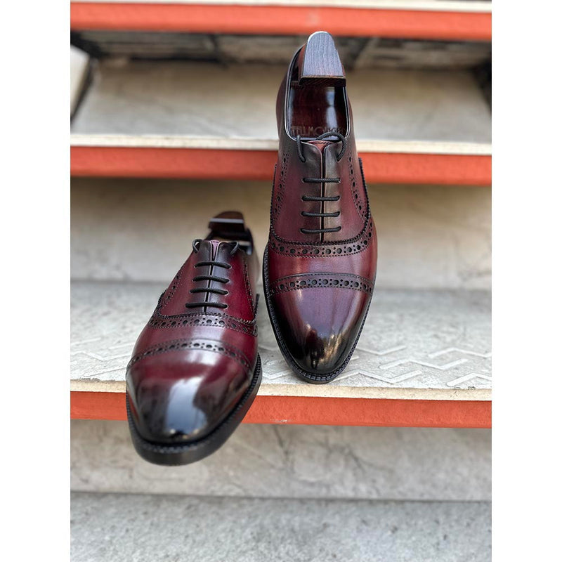Burgundy Washed Patina Mirror Glossed Captoe Punched Oxford