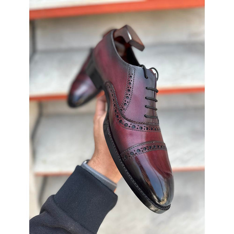 Burgundy Washed Patina Mirror Glossed Captoe Punched Oxford