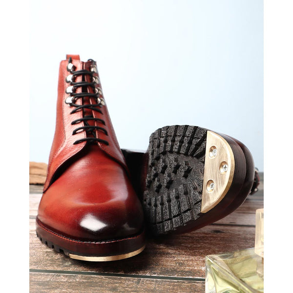 Cognac Glossed Derby Tank Boots with Metal Toe Plate + Commando Sole