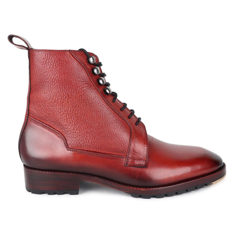 Cognac Glossed Derby Tank Boots with Metal Toe Plate + Commando Sole