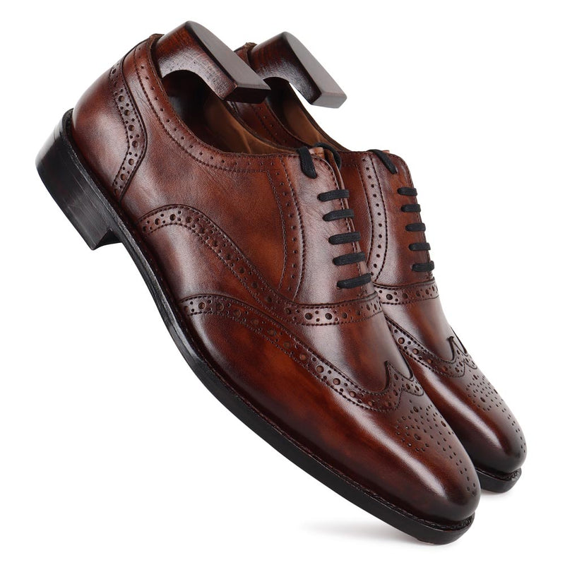 Cognac Glossed Patina Goodyear Welted Square toe Wingtips with Fiddle Back sole + Metal Toe Plate