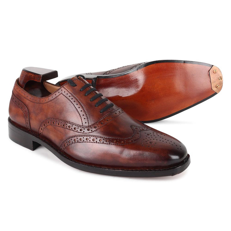 Cognac Glossed Patina Goodyear Welted Square toe Wingtips with Fiddle Back sole + Metal Toe Plate