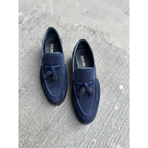 Navy Blue + Cream Suede Tassel Loafers
