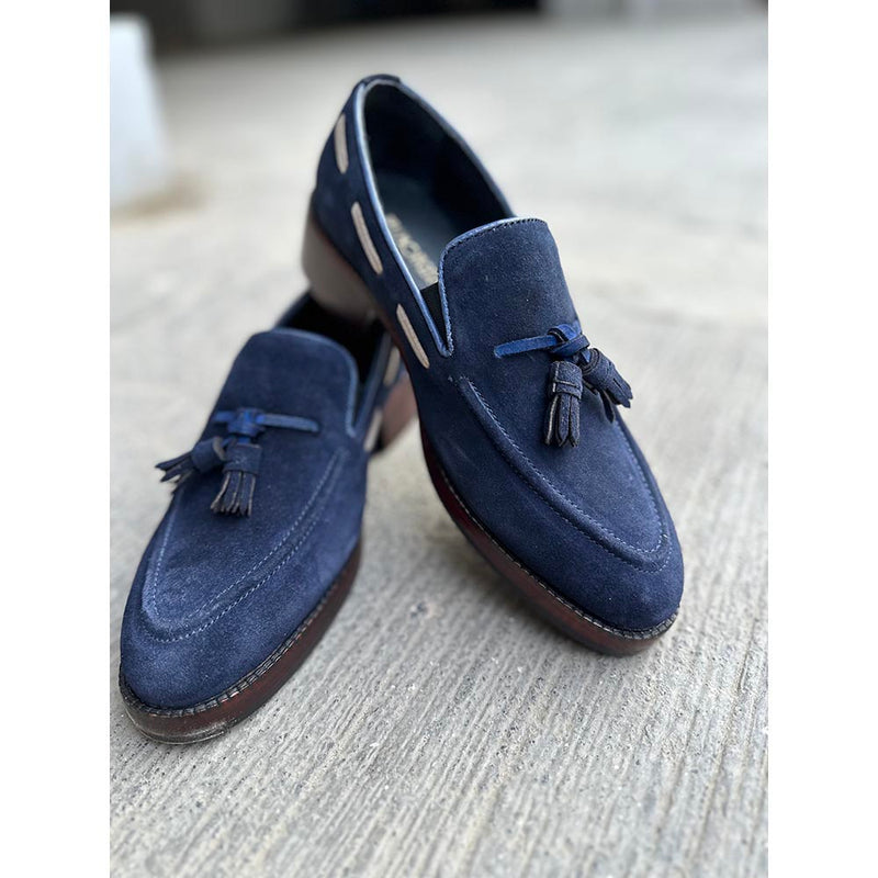 Navy Blue + Cream Suede Tassel Loafers