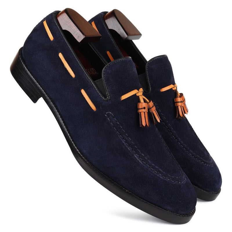Navy Suede With Tan Tassel Classic Loafers