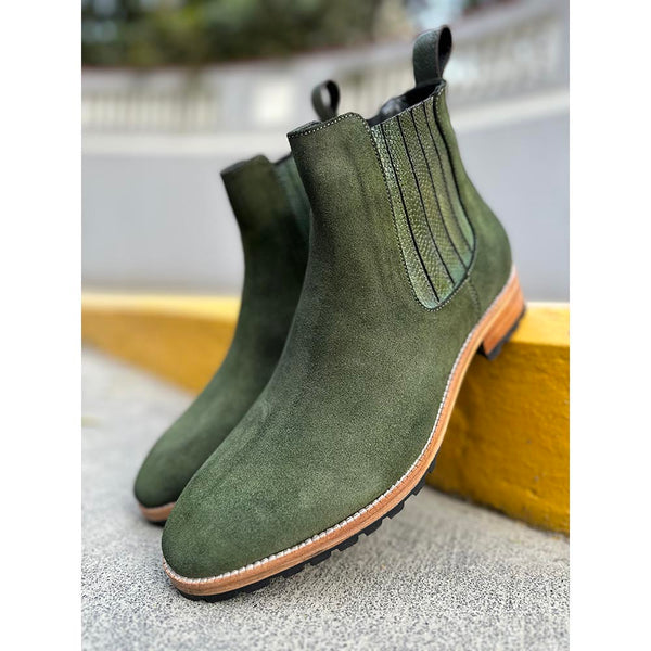 Olive Green Suede Detailed Chelsea Boots + Commando Sole