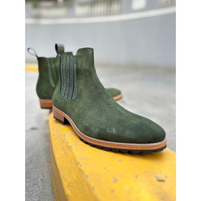 Olive Green Suede Detailed Chelsea Boots + Commando Sole