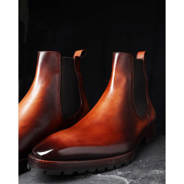 Tan Mirror Glossed Patina Chelsea Boots with Chisel Toe