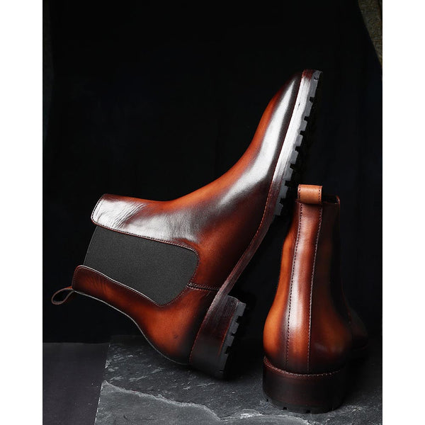 Tan Mirror Glossed Patina Chelsea Boots with Chisel Toe