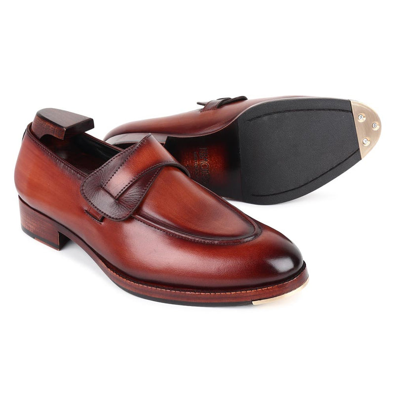 Tan Mirror Glossed Washed Patina Butterfly Loafers + Metal Toe