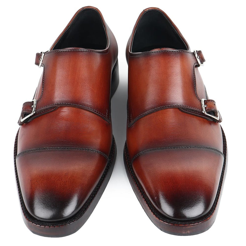 Tan MirrorGlossed Patina Classic Double Monk with Chisel Toe