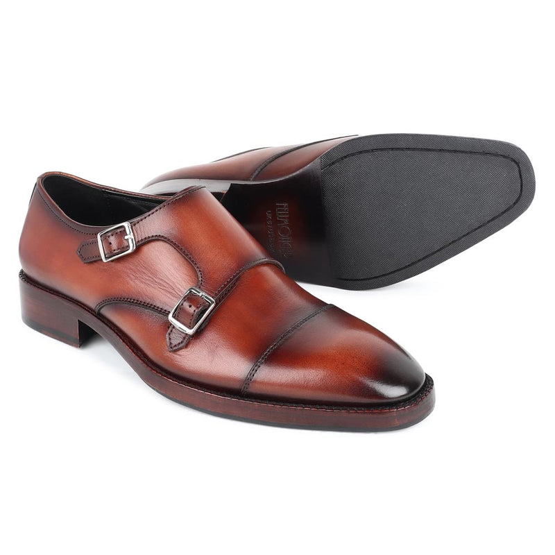 Tan MirrorGlossed Patina Classic Double Monk with Chisel Toe