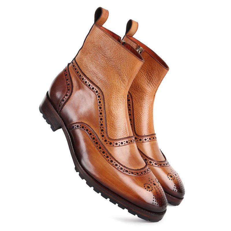 Tan Patina Mirror Glossed Medallion U Tip Boots with Zip