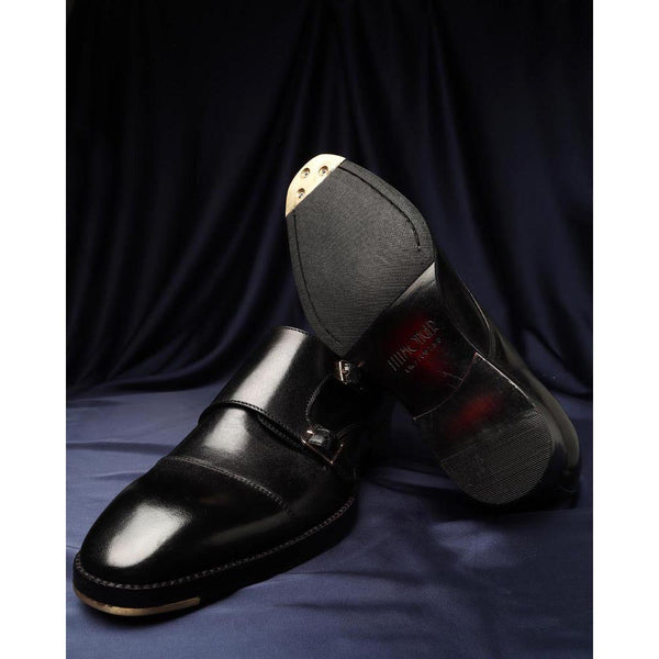 Black Classic Mirror Glossed Double Monk Straps With Metal Toe Plate