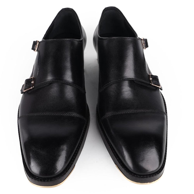Black Classic Mirror Glossed Double Monk Straps With Metal Toe Plate