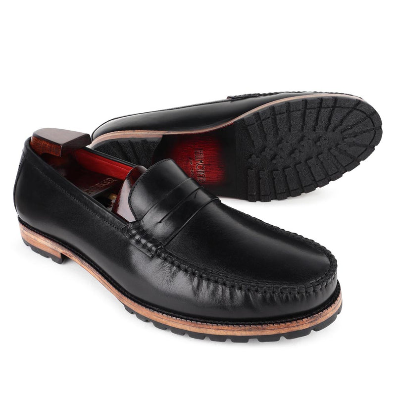 Black Mirror Glossed Classic Moccasins With Wood Finish Commando Sole