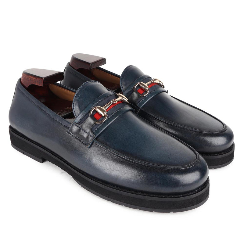 Blue Mirror Glossed Patina Modern Buckle Moccasins