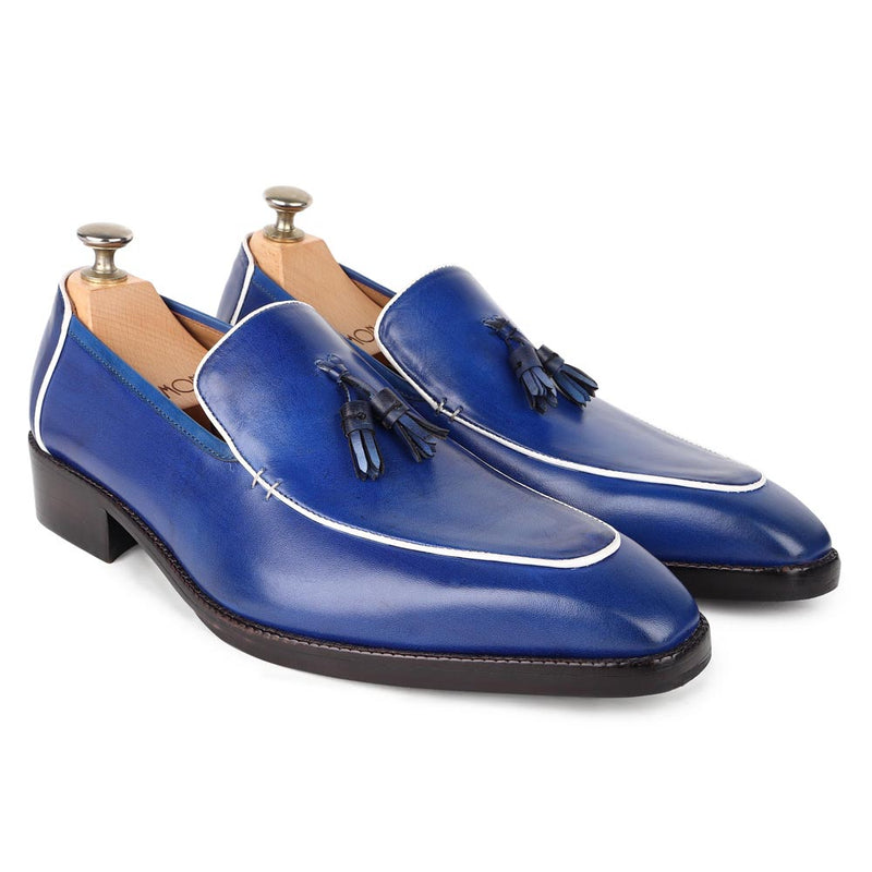 Blue Square Toe Mirror Glossed Tassel Loafers With White Piping Detail