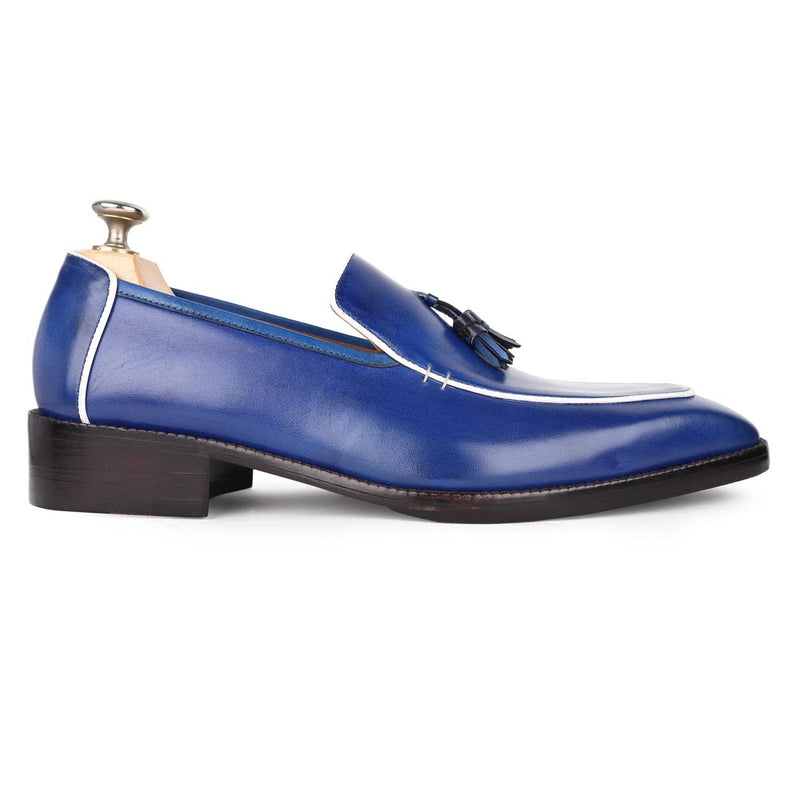 Blue Square Toe Mirror Glossed Tassel Loafers With White Piping Detail