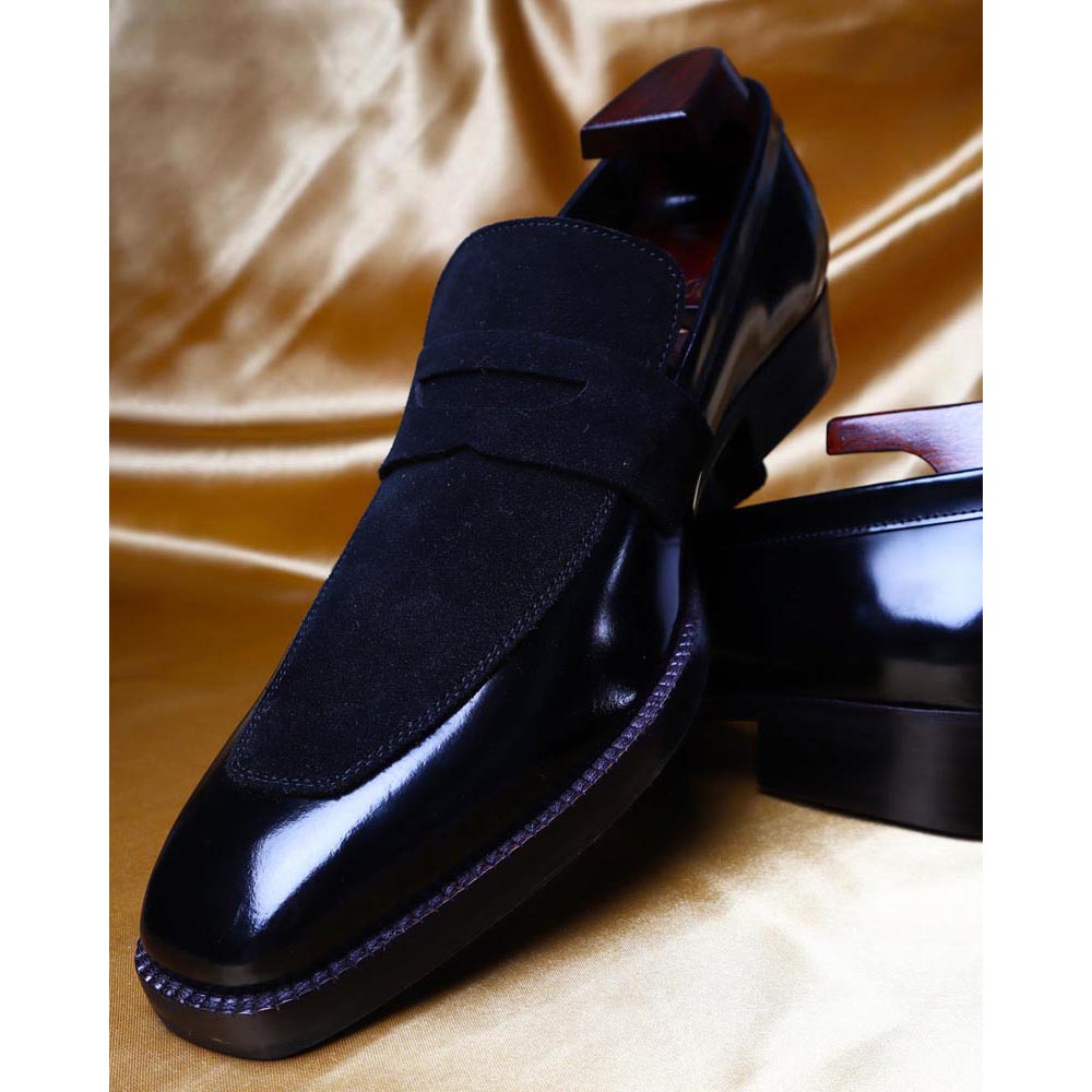 Brushed Black Square Toe Suede Detail Penny Loafers