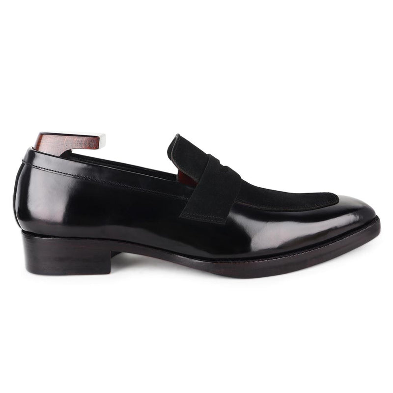Brushed Black Square Toe Suede Detail Penny Loafers
