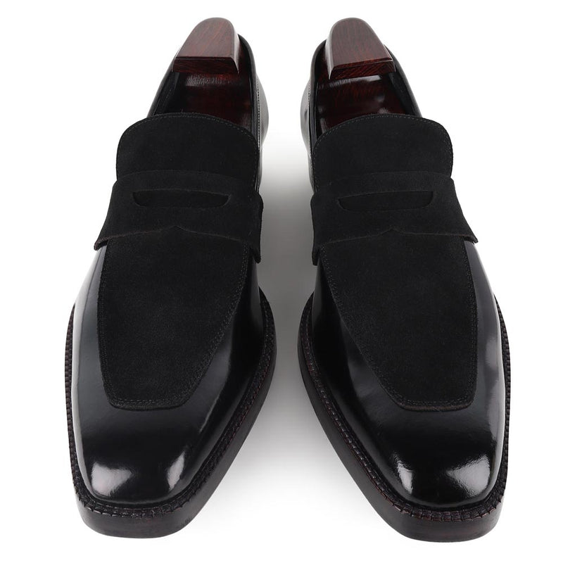 Brushed Black Square Toe Suede Detail Penny Loafers