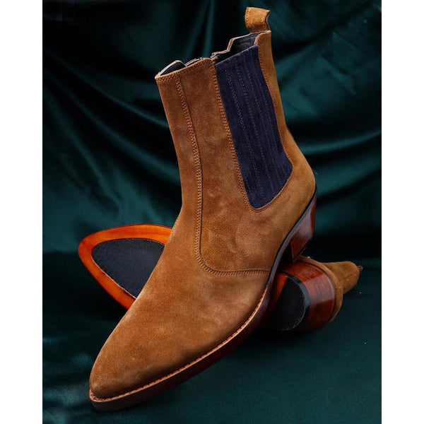 Tan Suede With Blue Elastic Detail Zip Cowboy Boot
