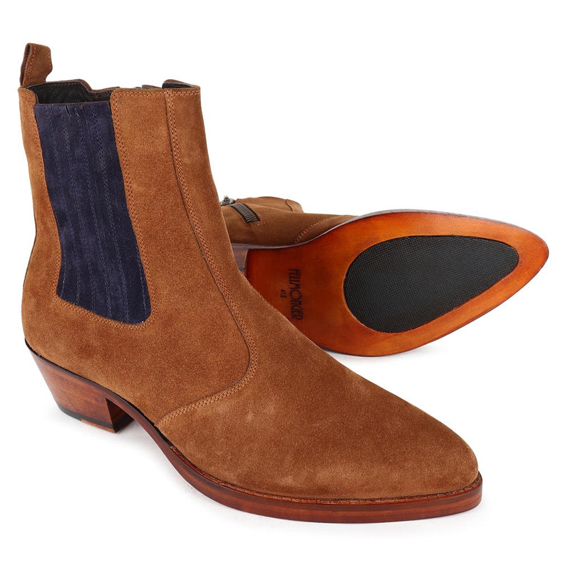 Tan Suede With Blue Elastic Detail Zip Cowboy Boot