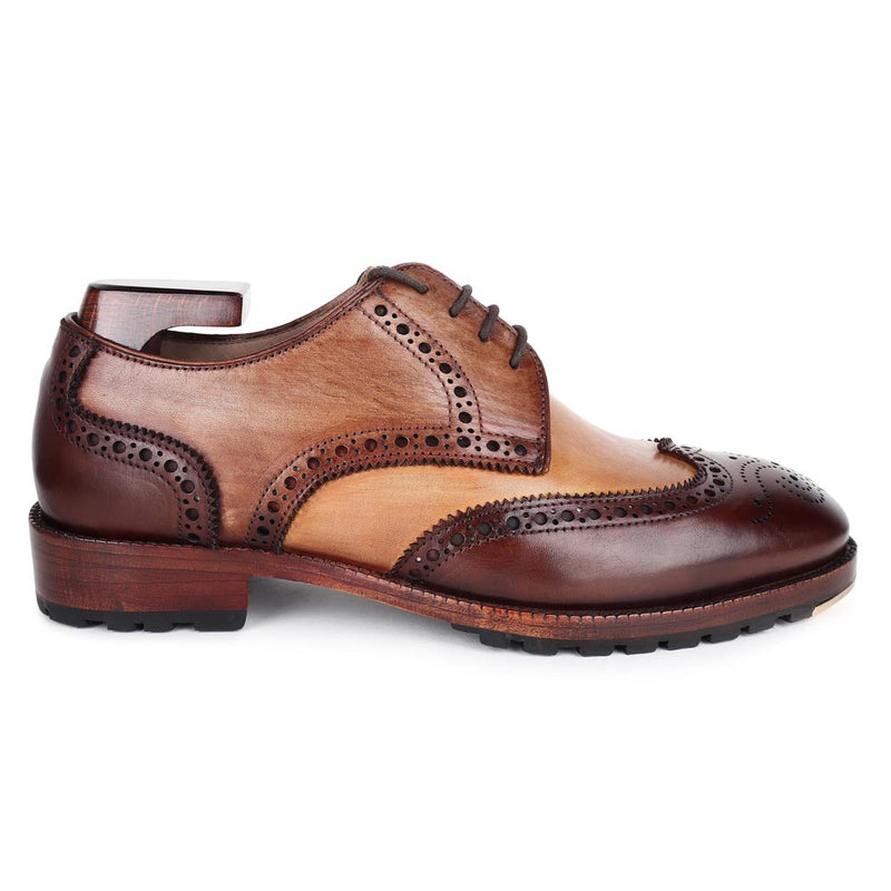 Triple Tone Mirror Glossed Patina Classic Wingtip Derby With Metal Toe Plate & Commando Sole