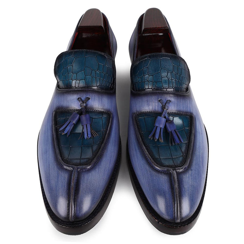 Blue Brushed Patina Mirror Glossed Apron Toe Tassel Loafers With Blue Croco Detail