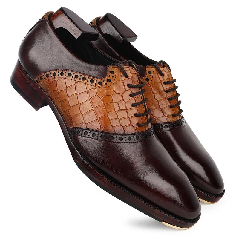Brown + Tan Croco Detail Saddle Mirror Glossed Patina Oxfords With Metal Toe Plate